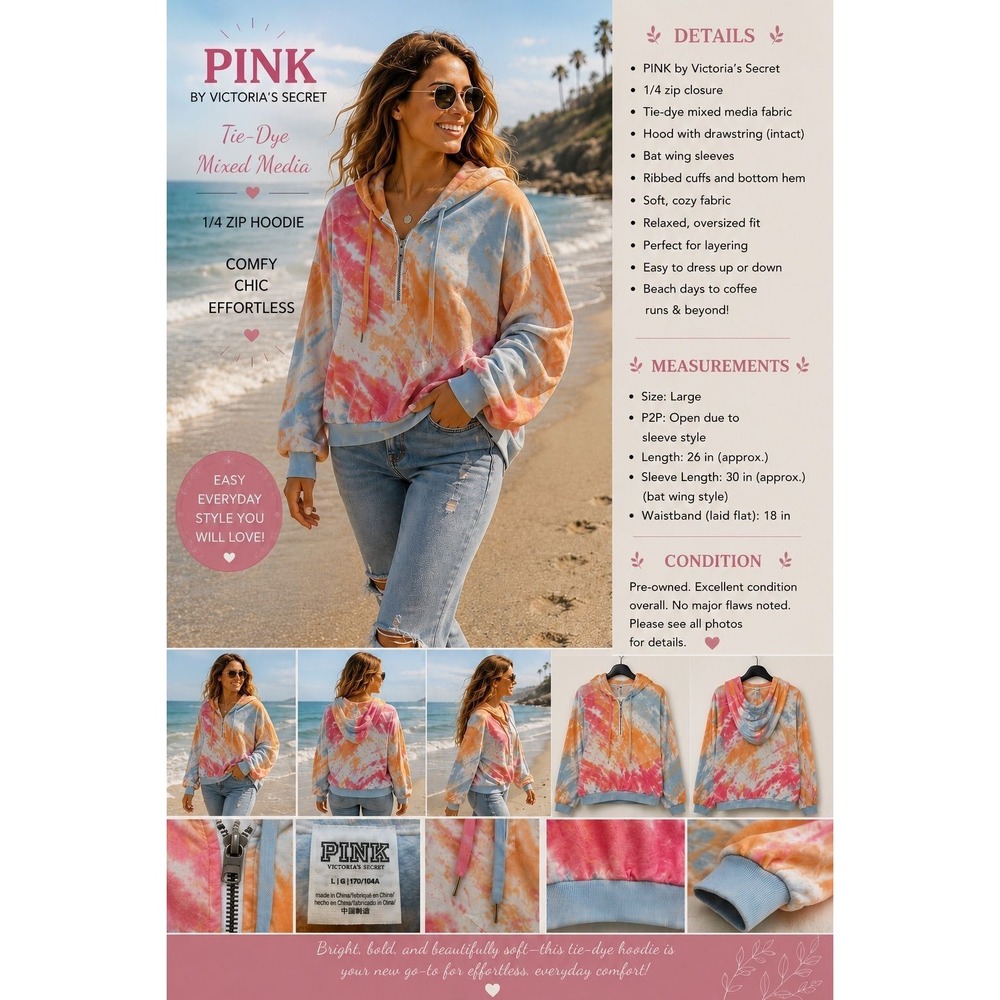 Pink Victoria Secret Tie Die 1/4 Zip‎ Mix Media Hoodie Large